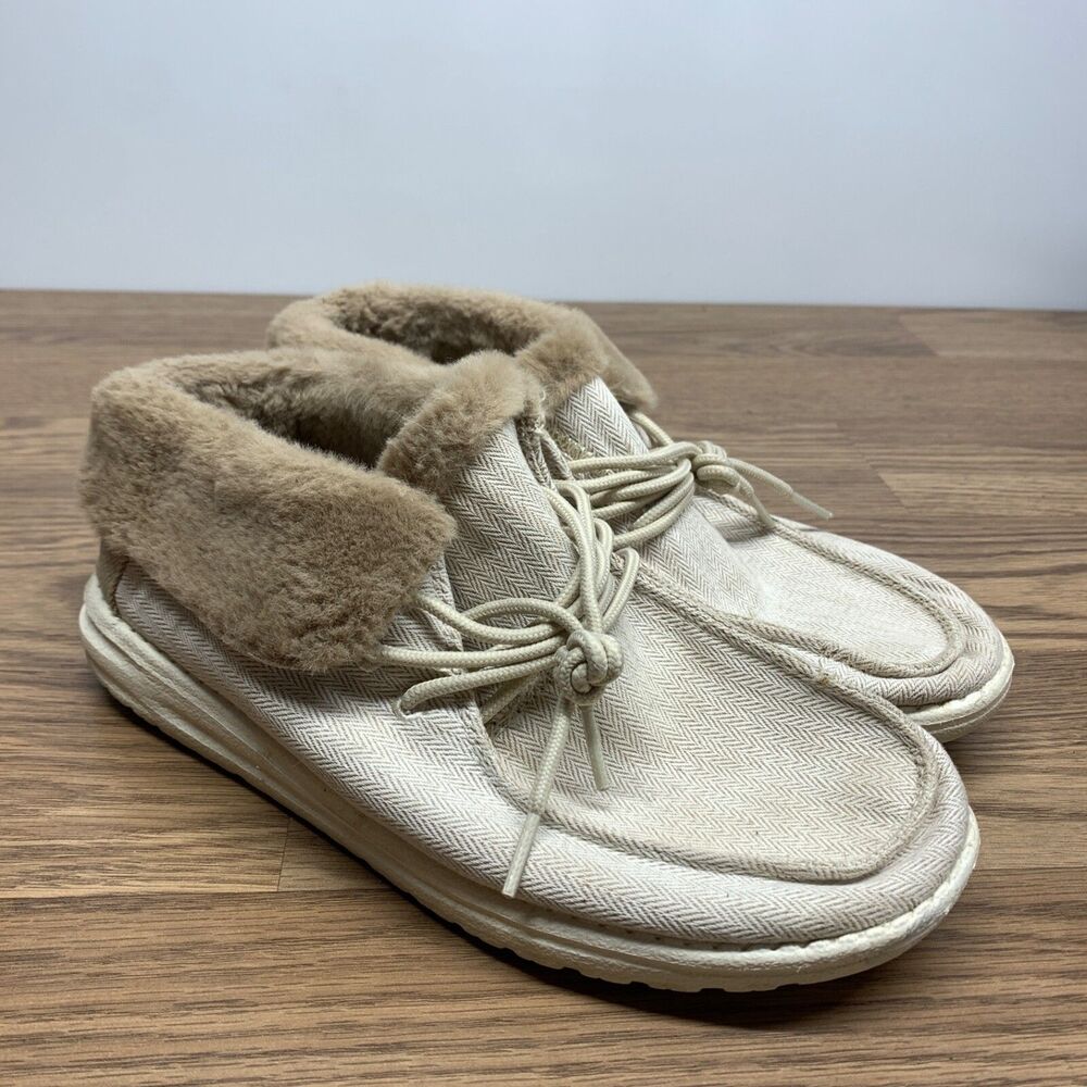 Hey Dude Britt Faux Fur Slip-on Shoes Women's Size 8 Beige Comfort Casual